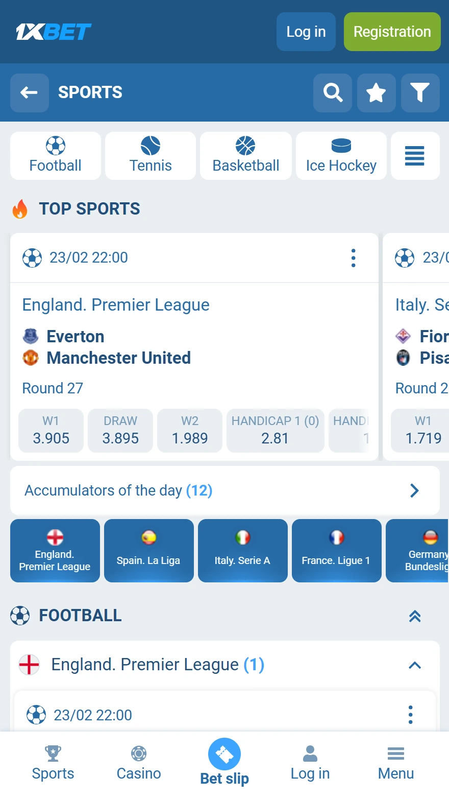 1xbet sports betting page