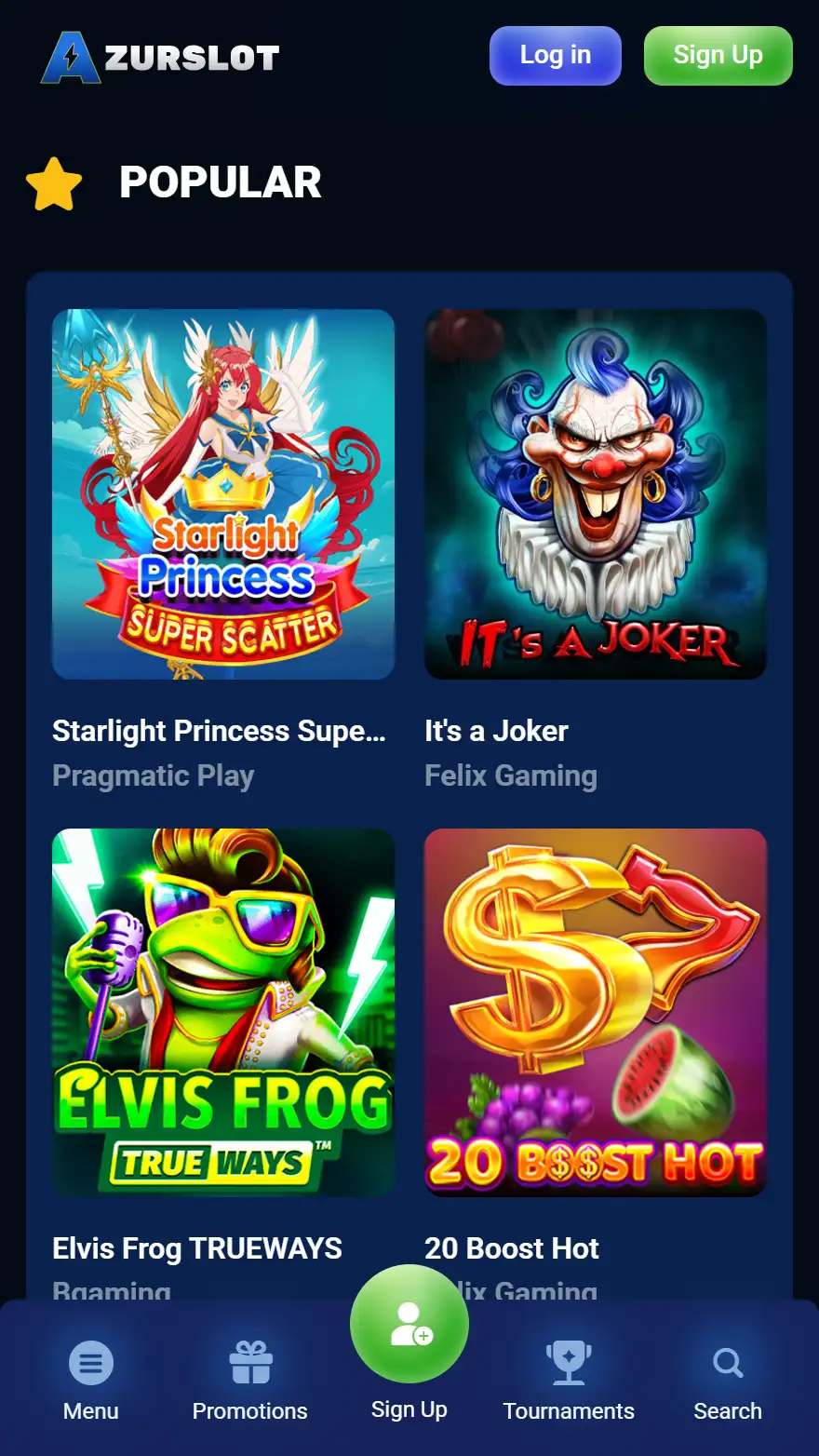 AzurSlot Casino games page