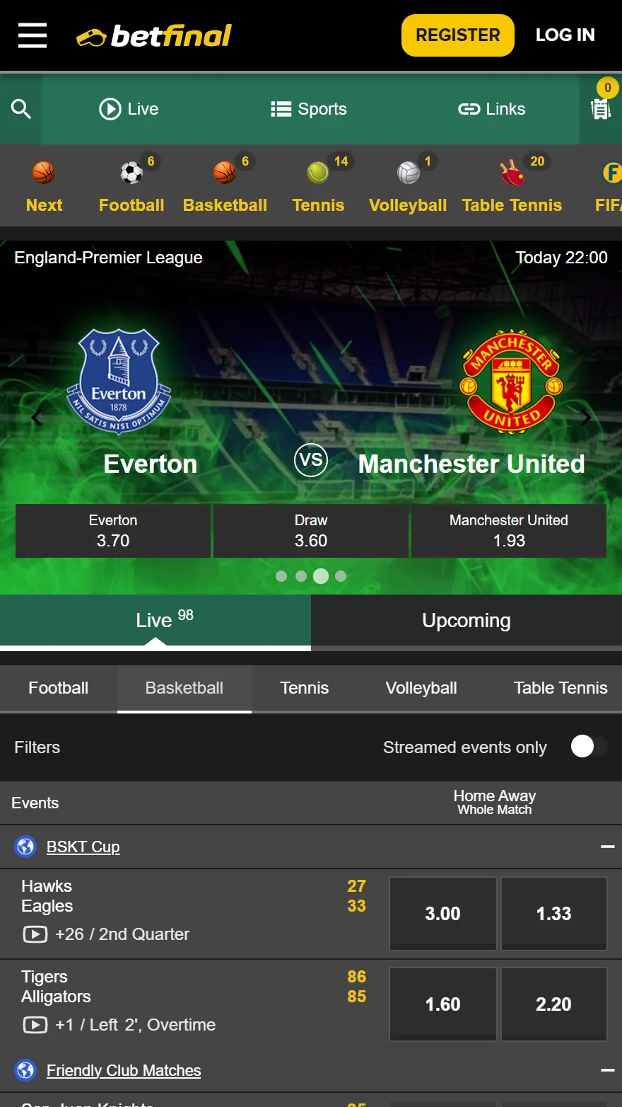 Betfinal sports betting page
