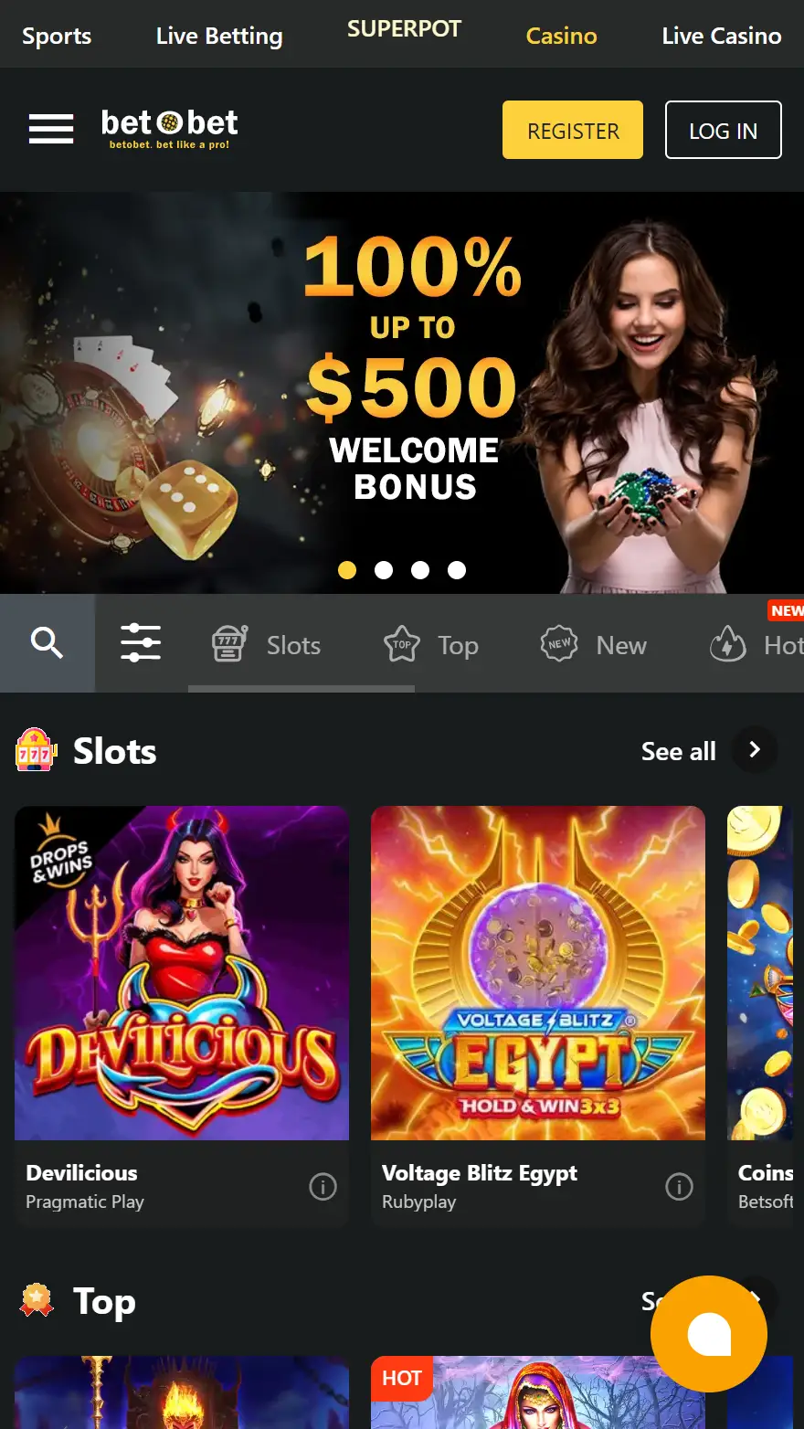 betObet casino page
