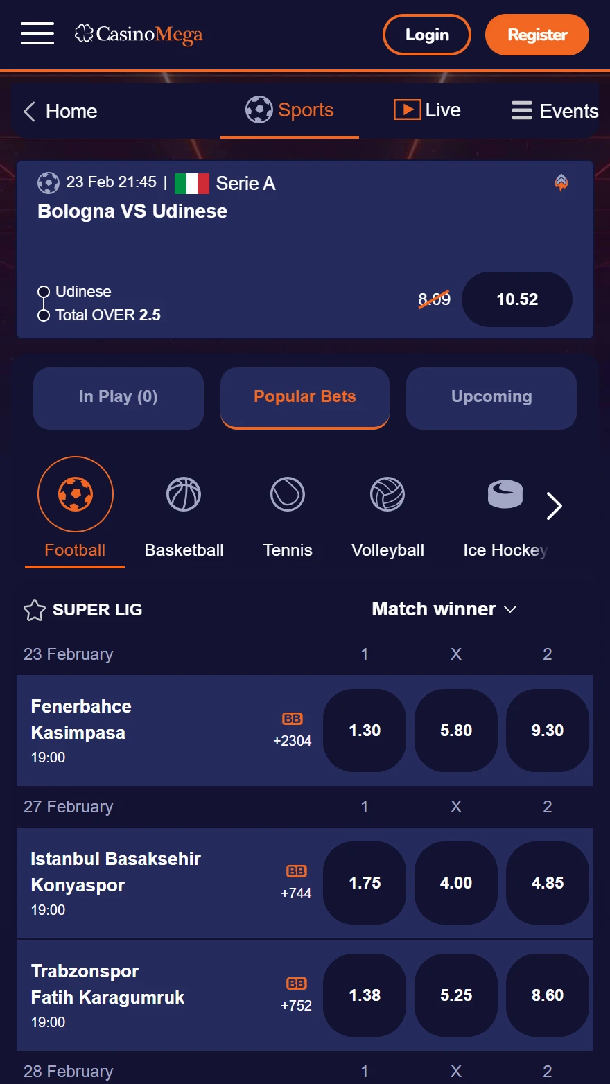 CasinoMega sports betting page