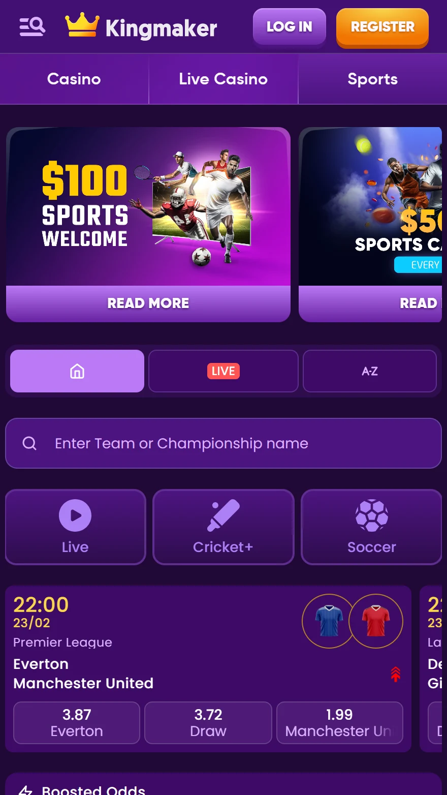 Kingmaker sports betting page