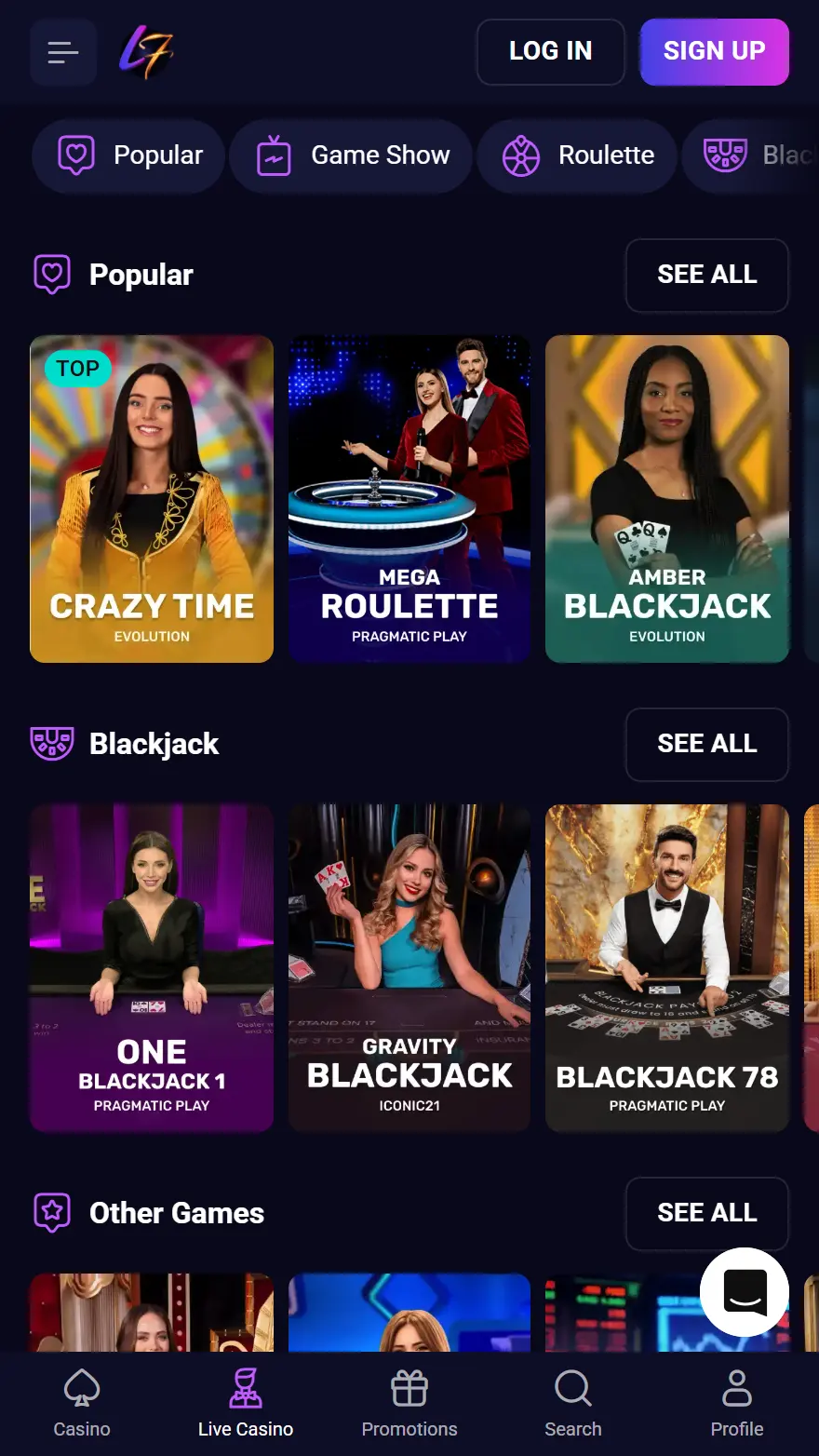 Lucky7even live casino page