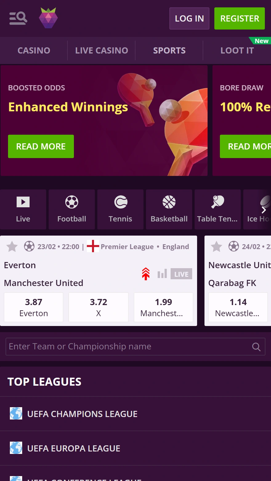 Malina Casino sports betting page