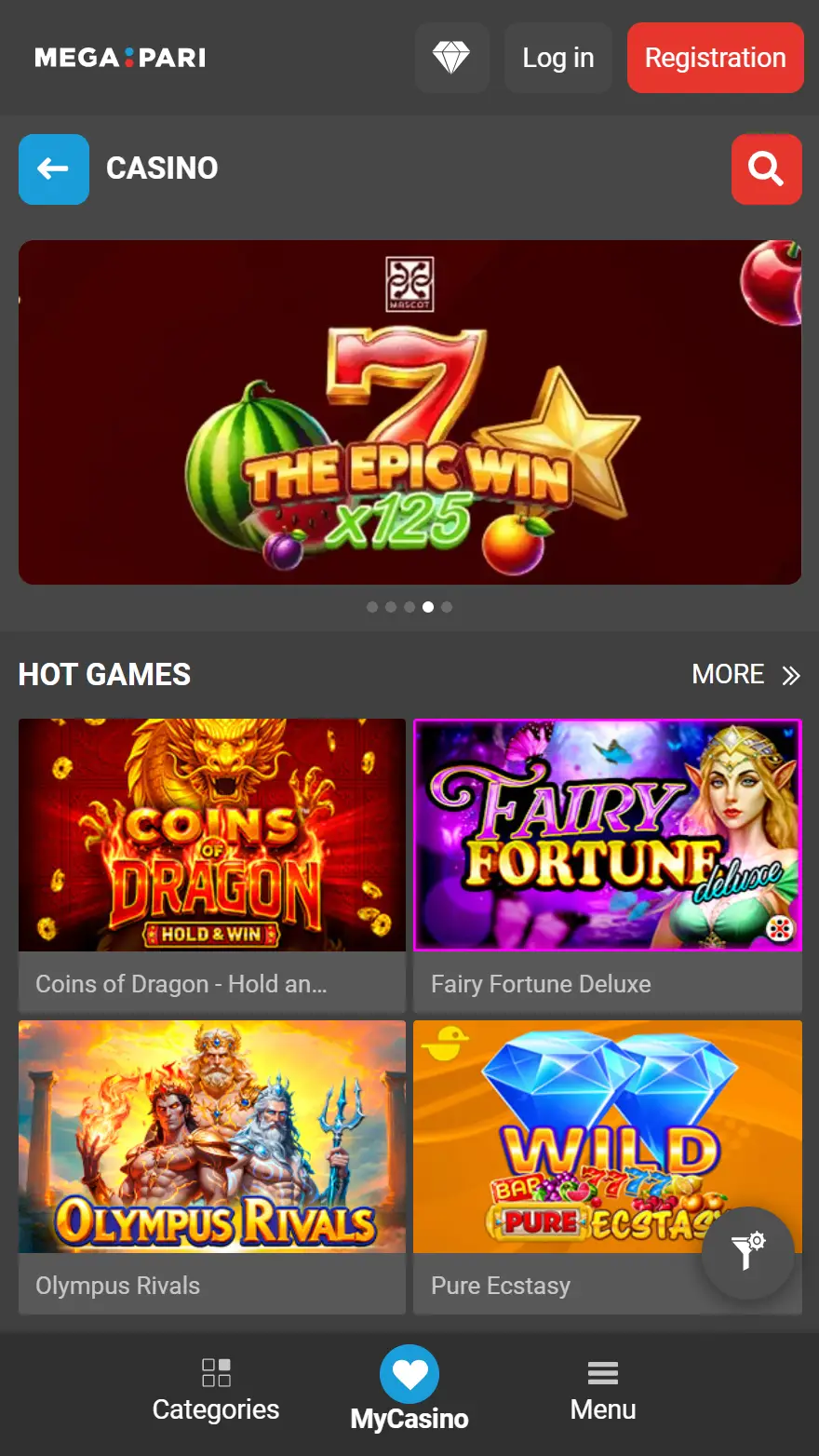 Megapari casino page