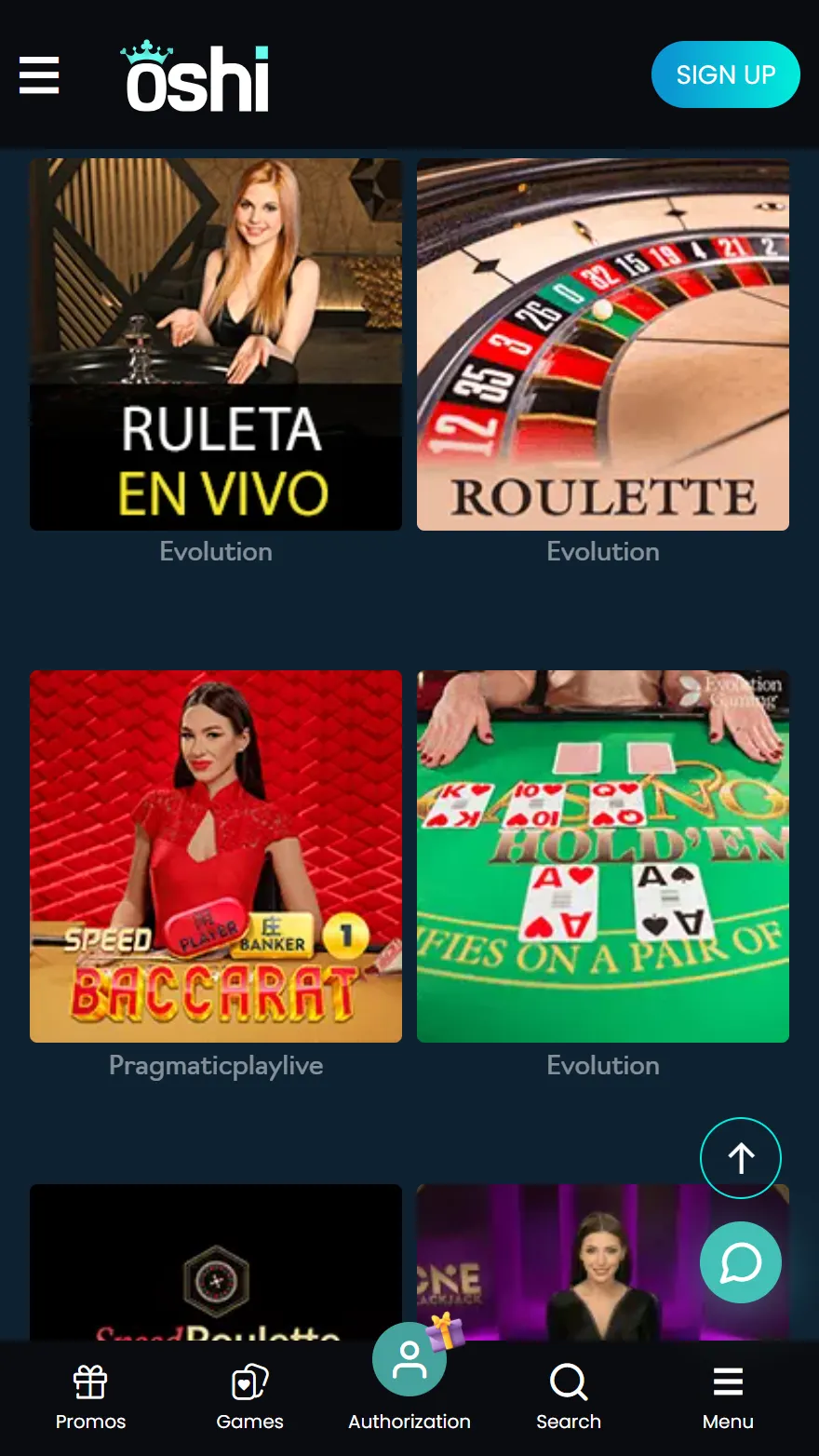 Oshi live casino page