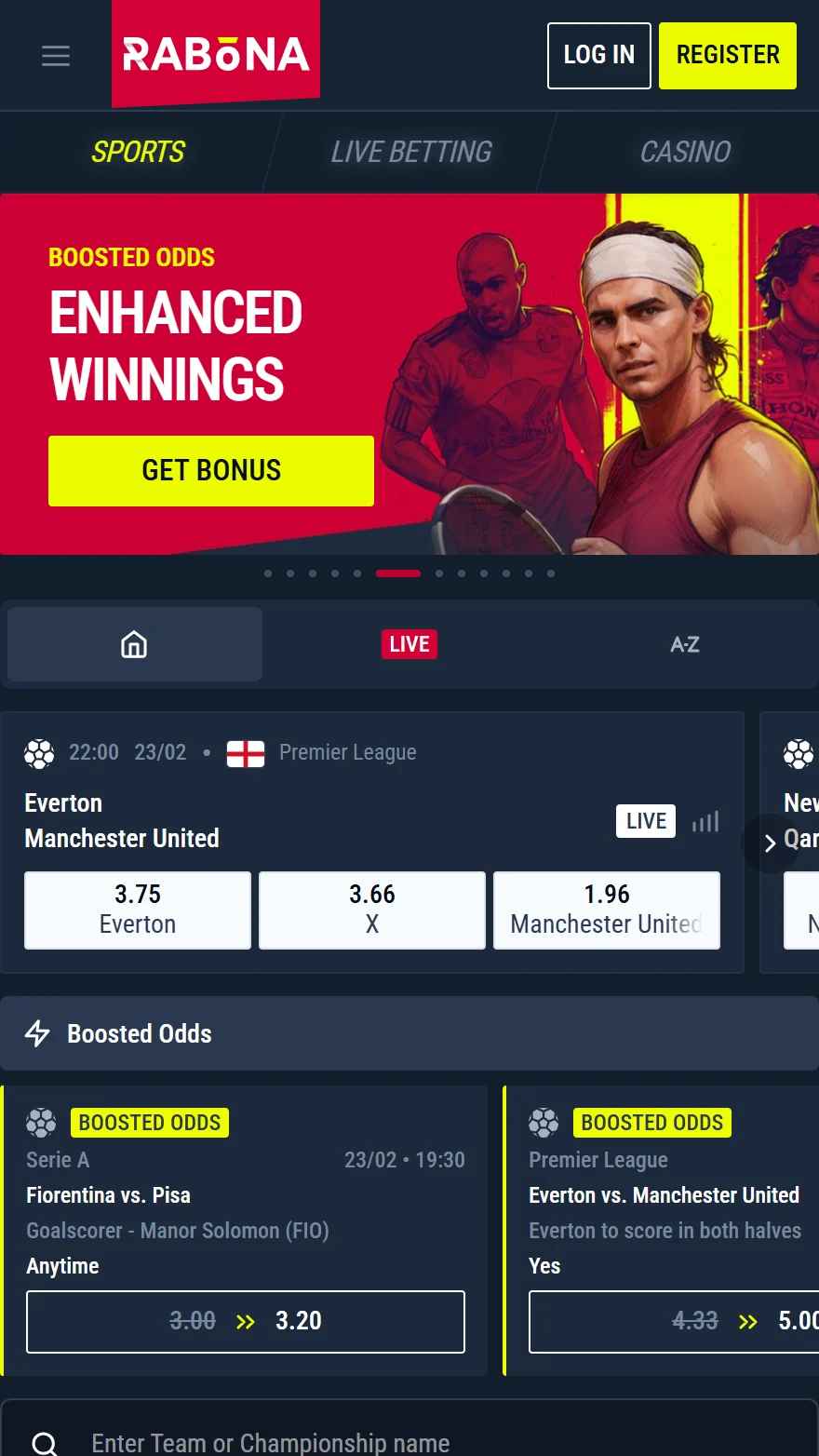 Rabona sports betting page