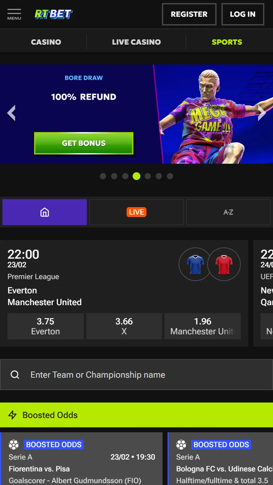 RTBet sports betting page