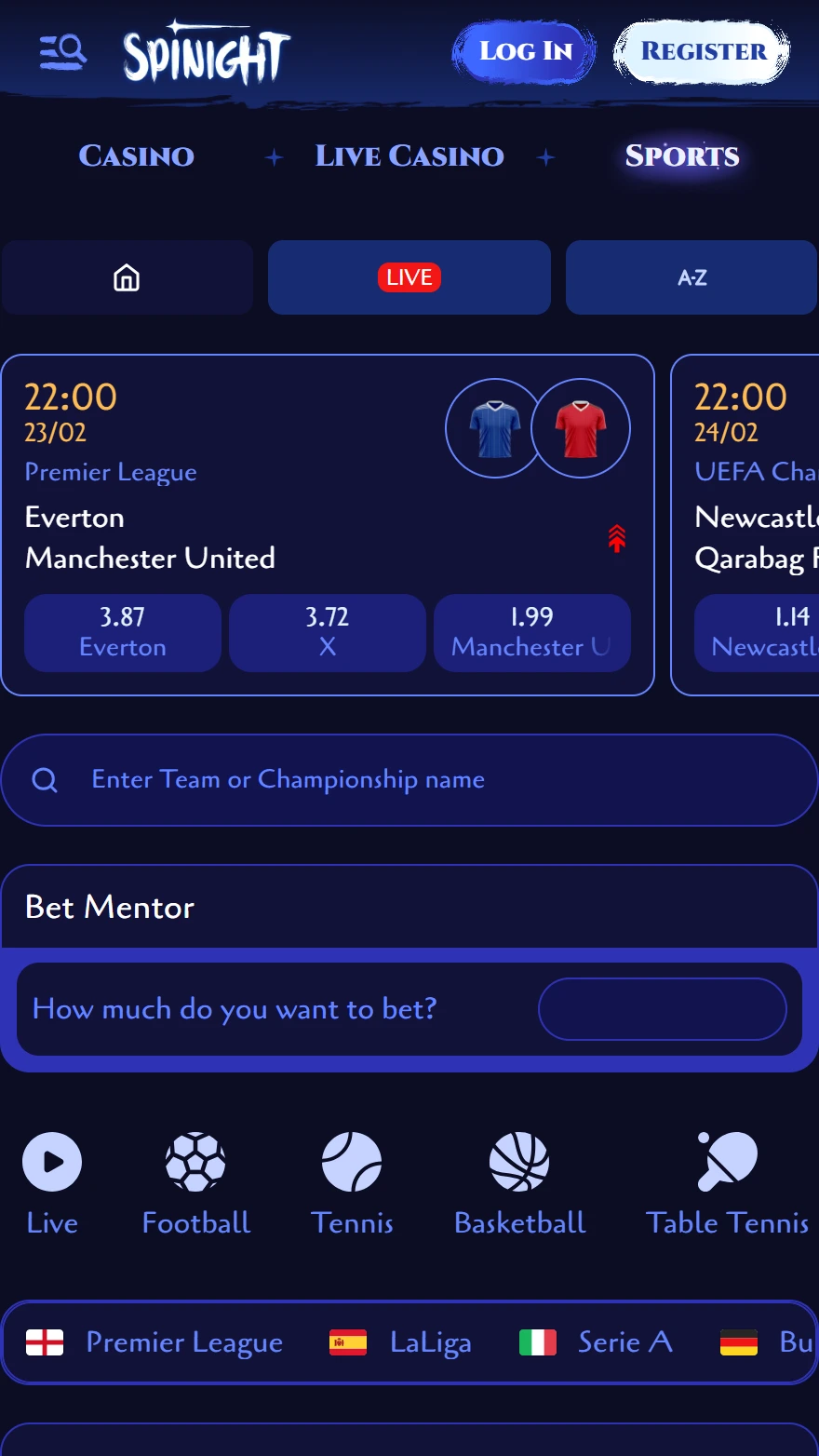 Spinight sports betting page