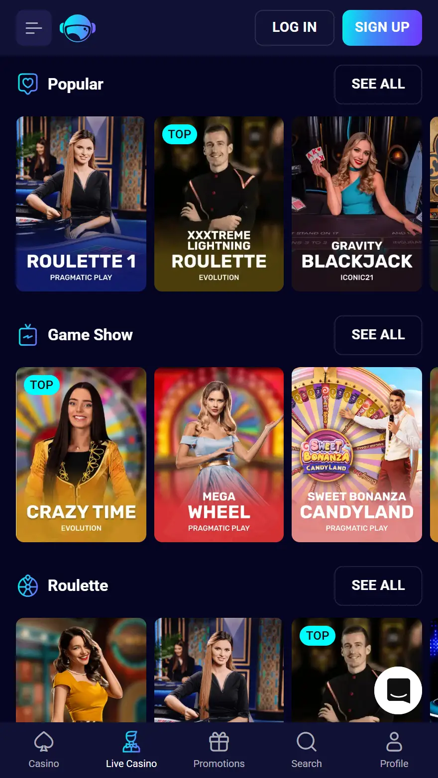Spinjo live casino page