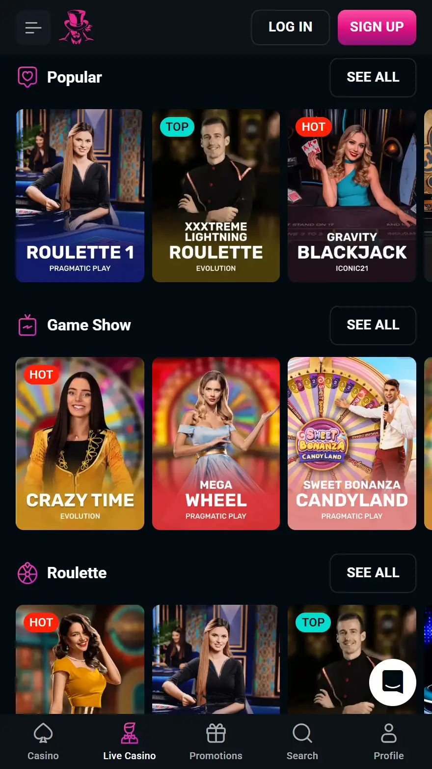 SpinsUP live casino page