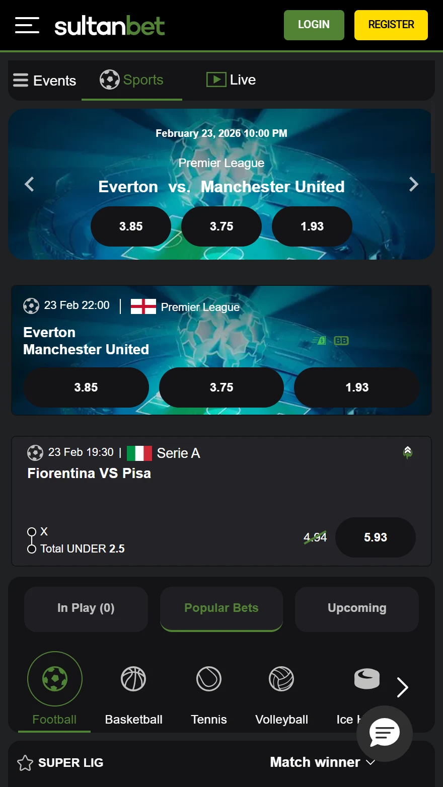 Sultanbet sports betting page