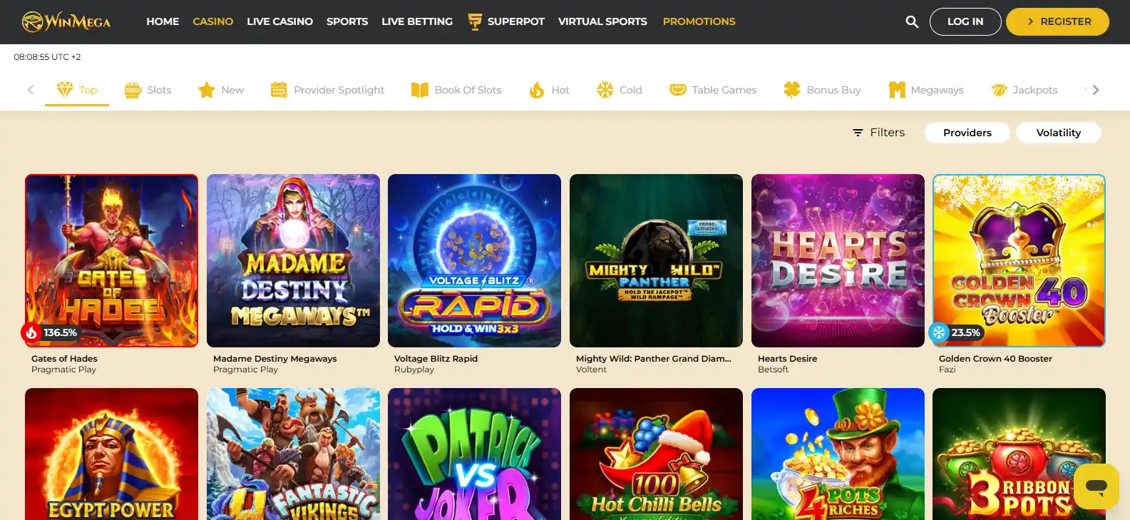 WinMega kasiinomängude leht