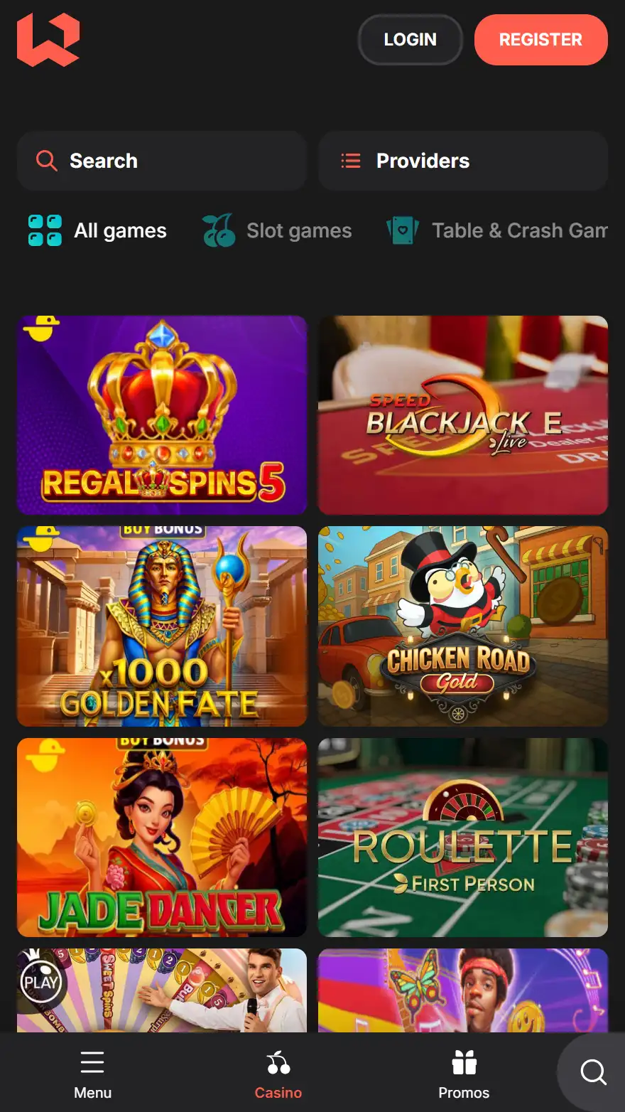 Wettson kazino spēļu lapa