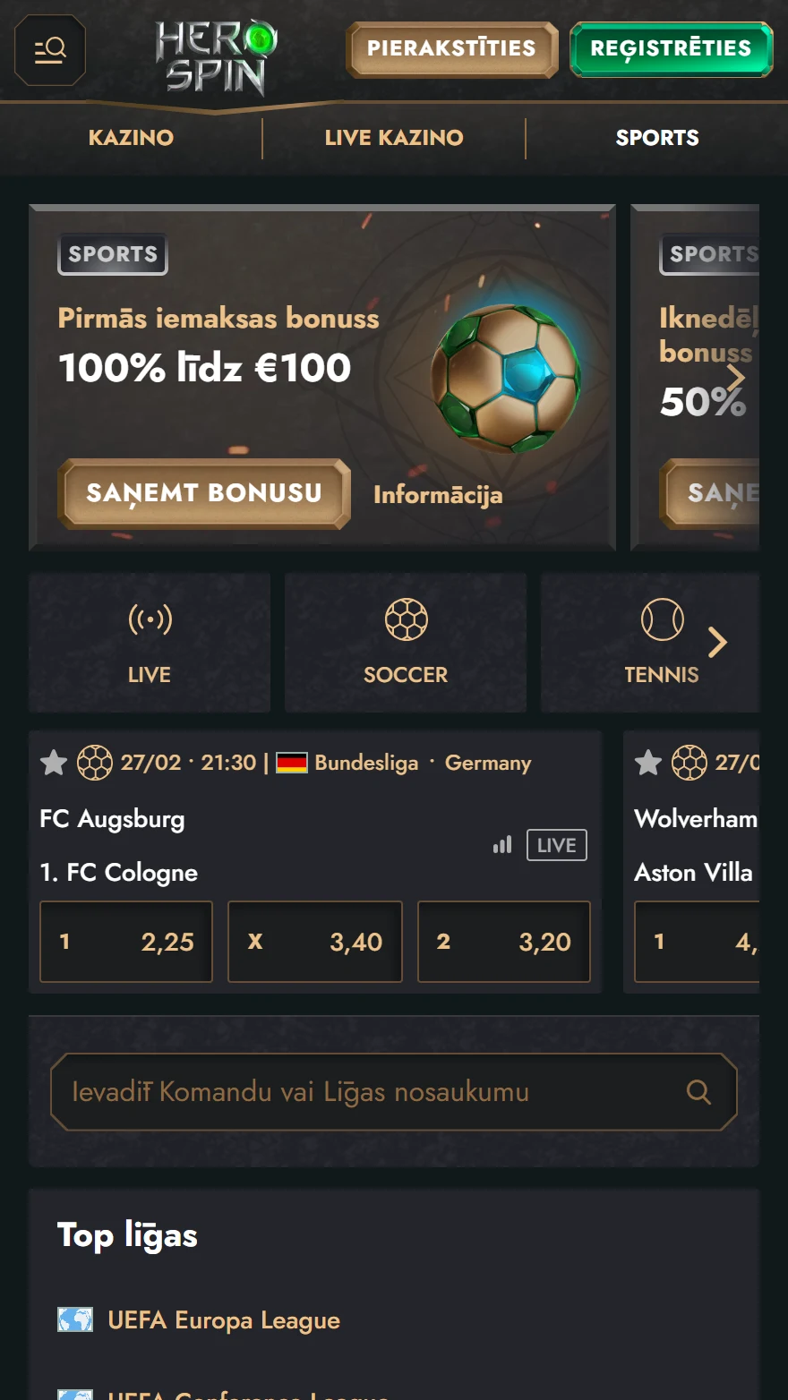 HeroSpin sporta likmju lapa