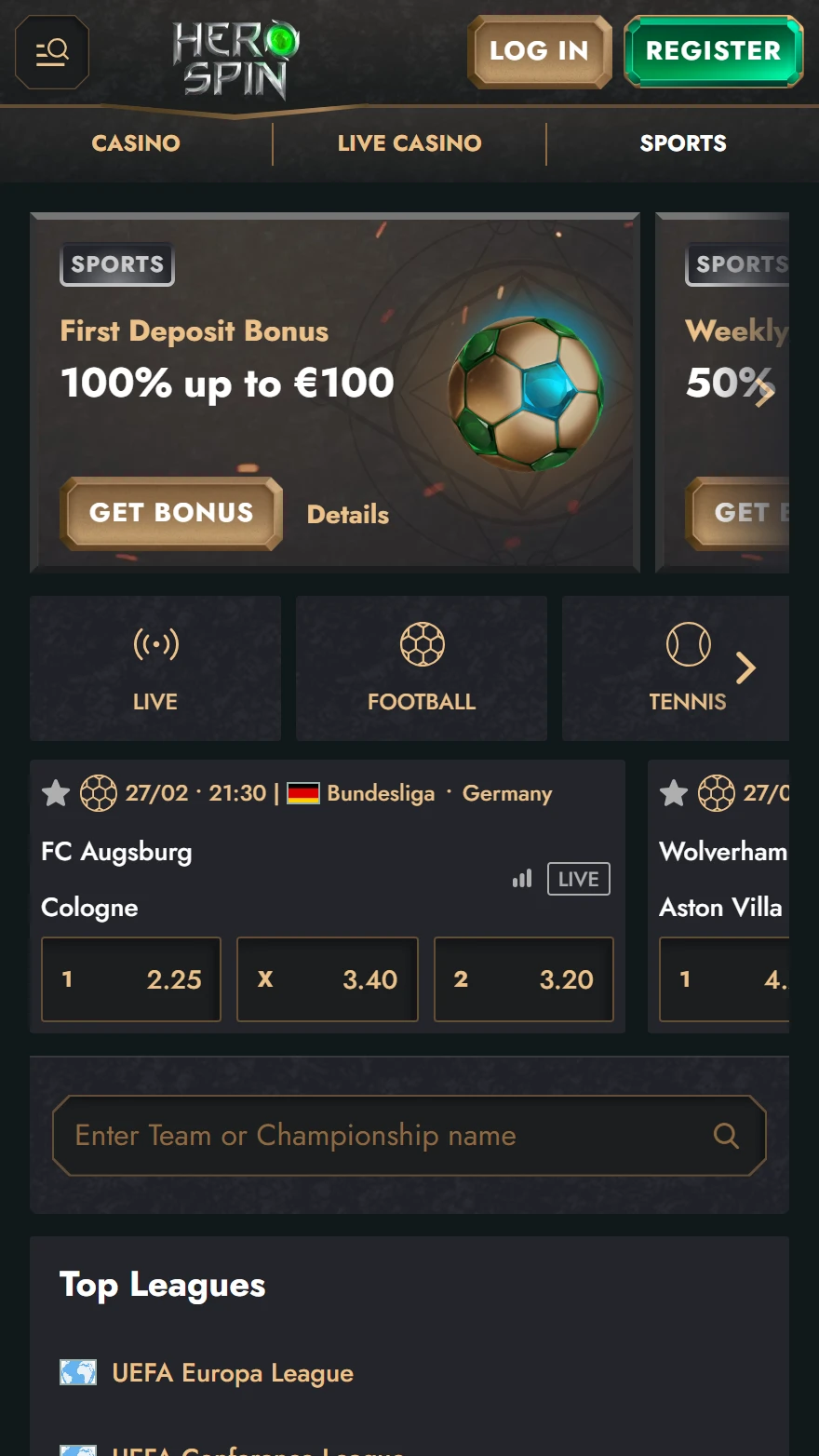 HeroSpin страница ставок на спорт