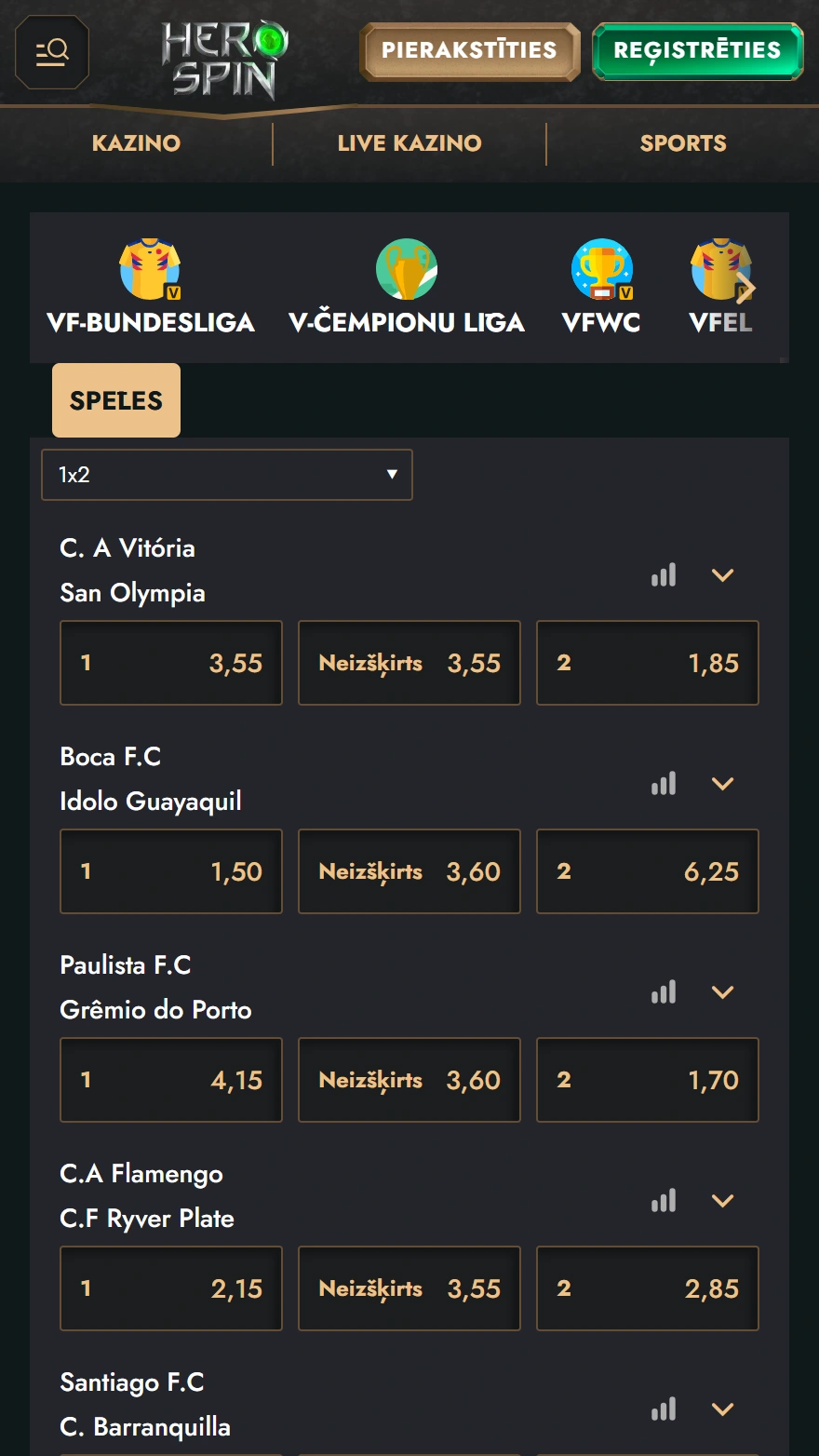 HeroSpin virtuālā sporta likmju lapa