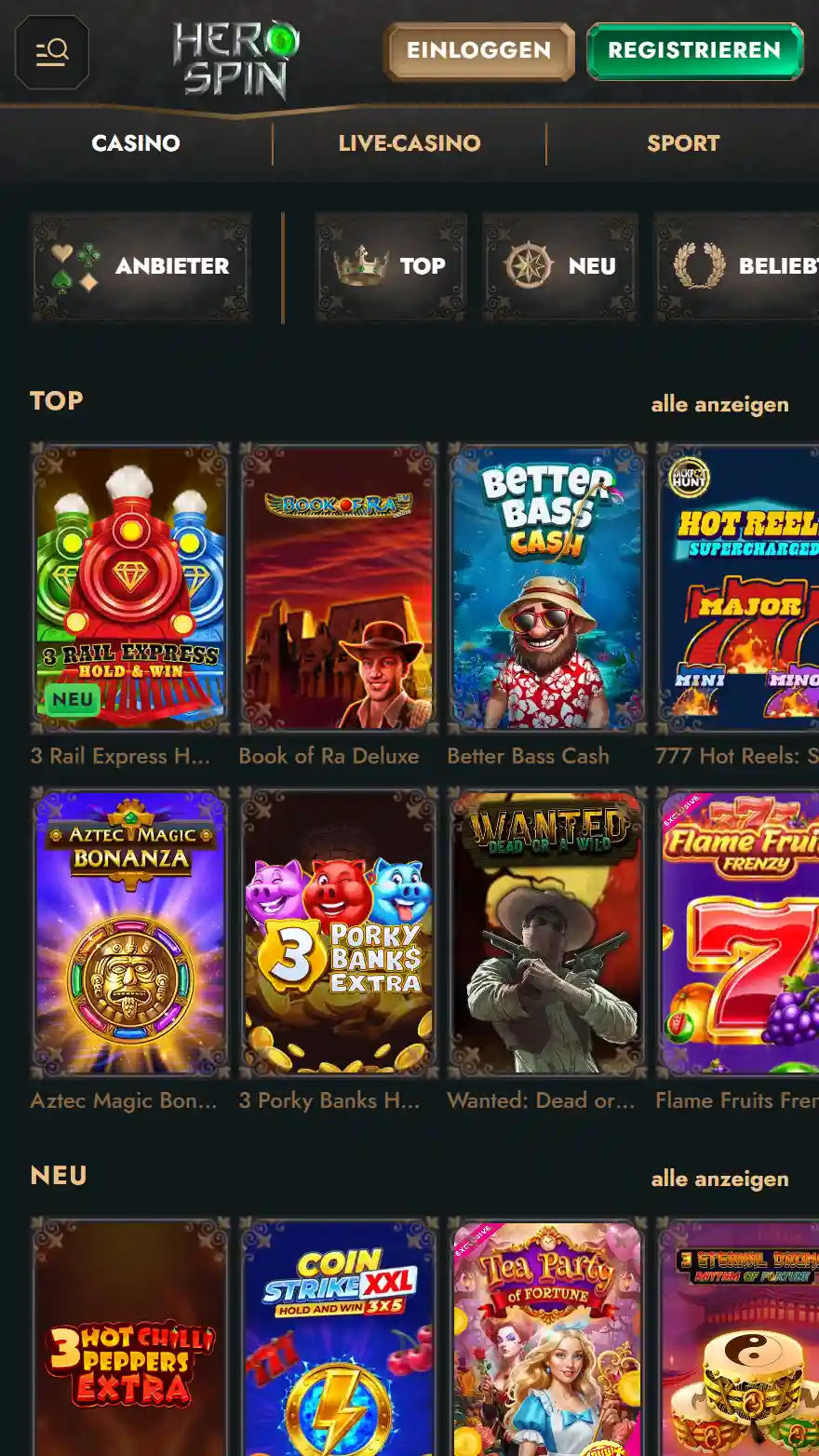 HeroSpin Casino-Spiele-Seite