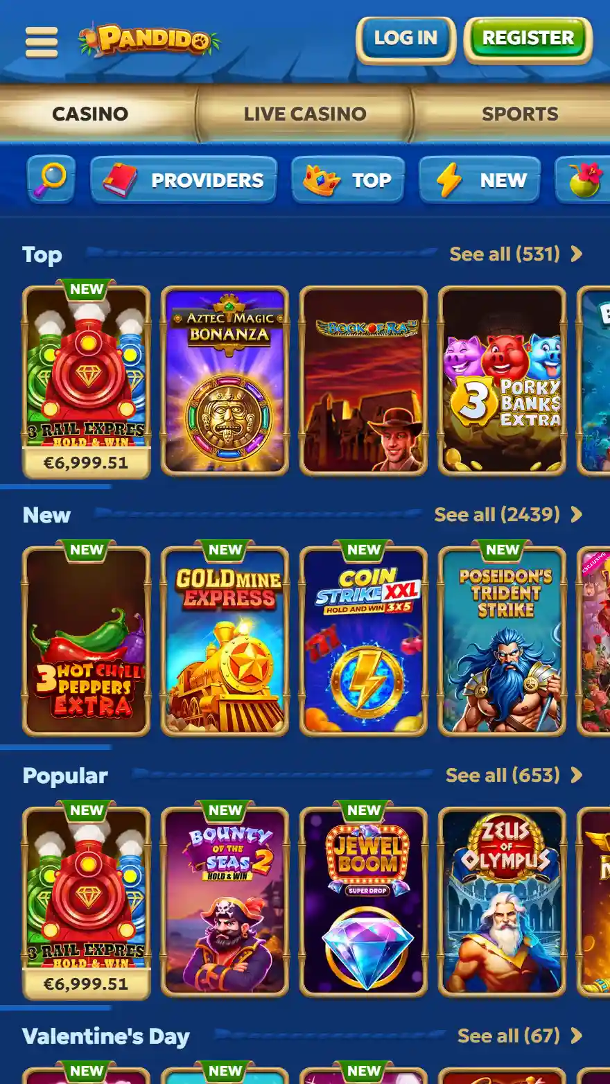 Pandido kazino spēļu lapa