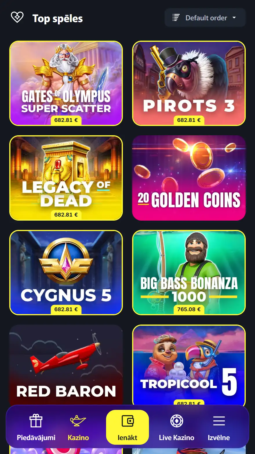 Aladins kazino spēļu lapa