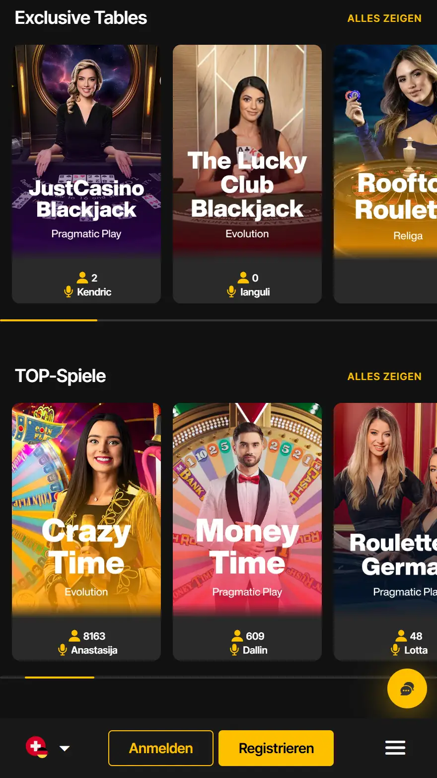 JustCasino Live-Casino-Seite