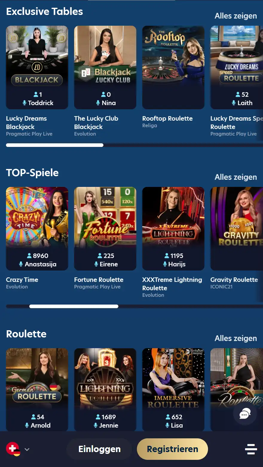 LuckyDreams Live-Casino-Seite