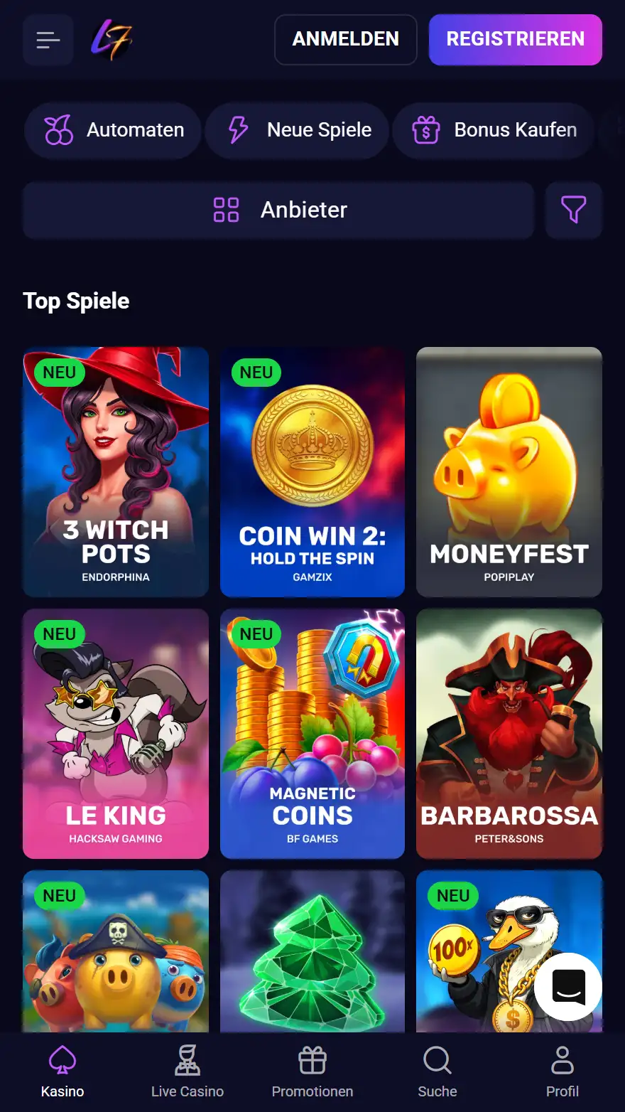 Lucky7even Casino-Spieleseite