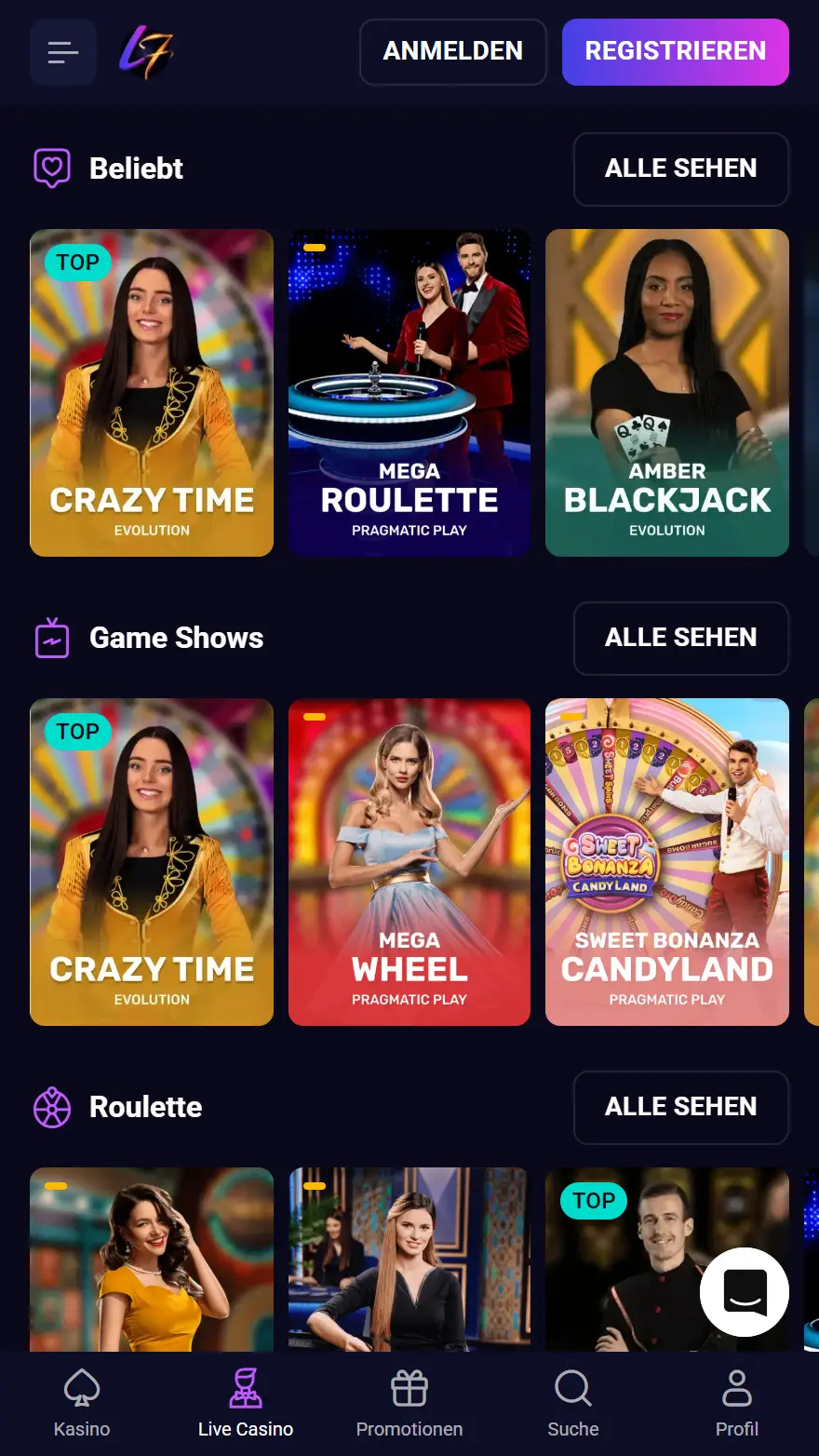 Lucky7even Live-Casino-Seite