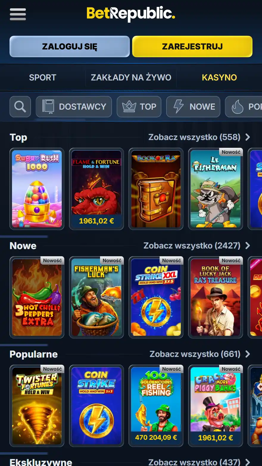 Strona z grami kasynowymi BetRepublic