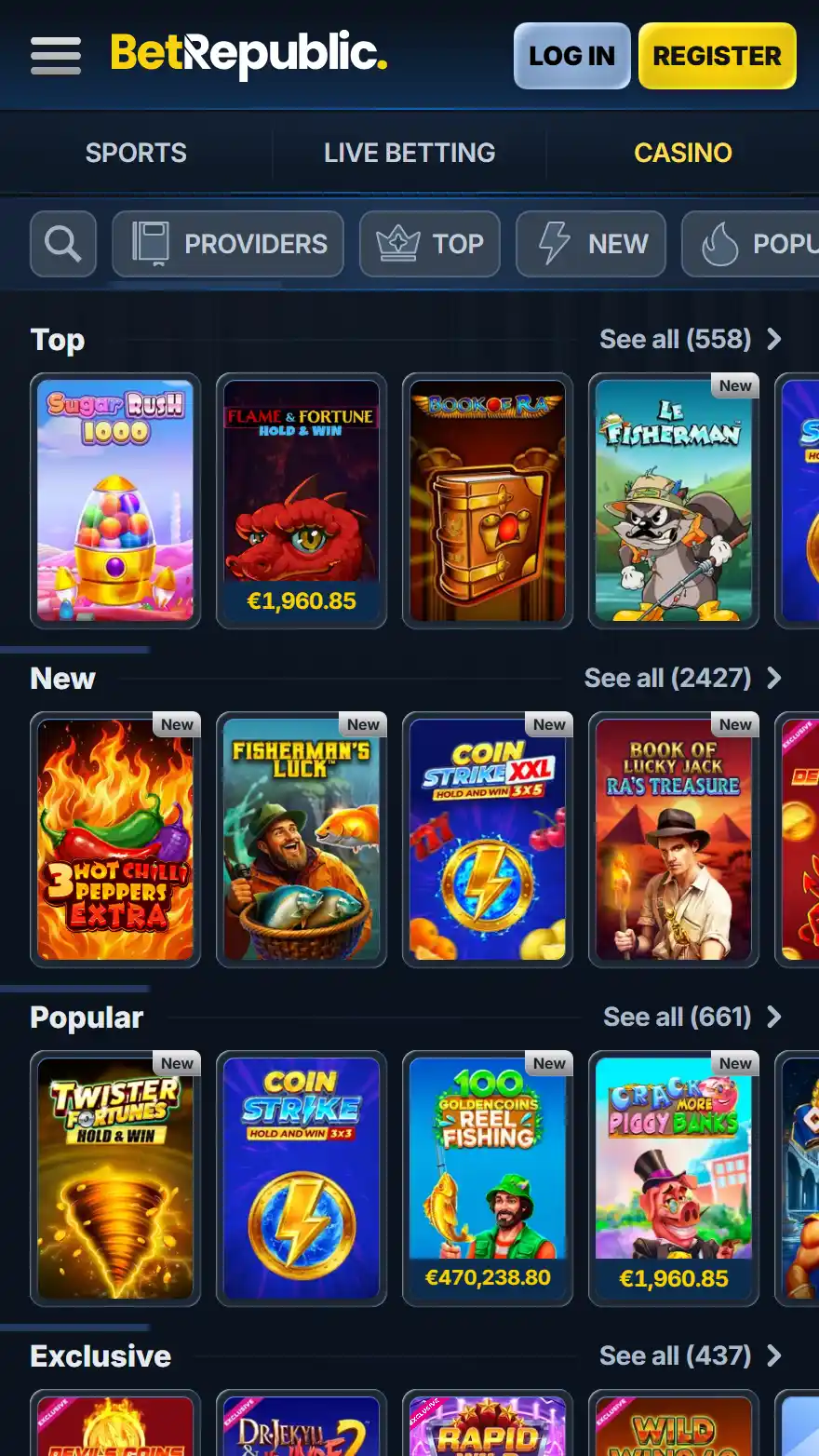 BetRepublic Casino games page