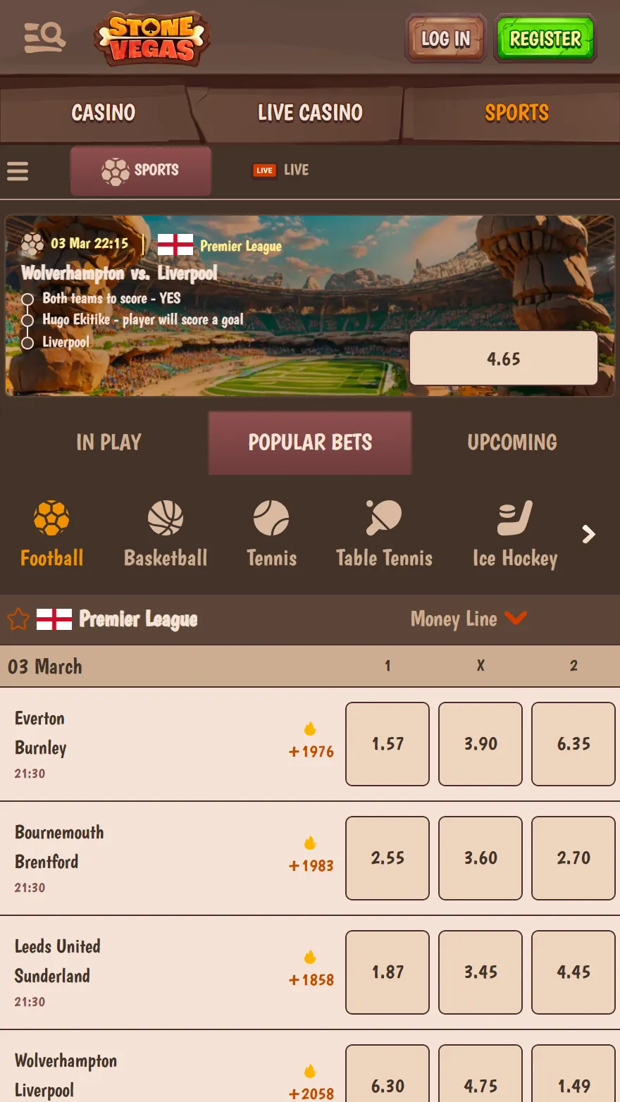 Stonevegas sporta likmju lapa