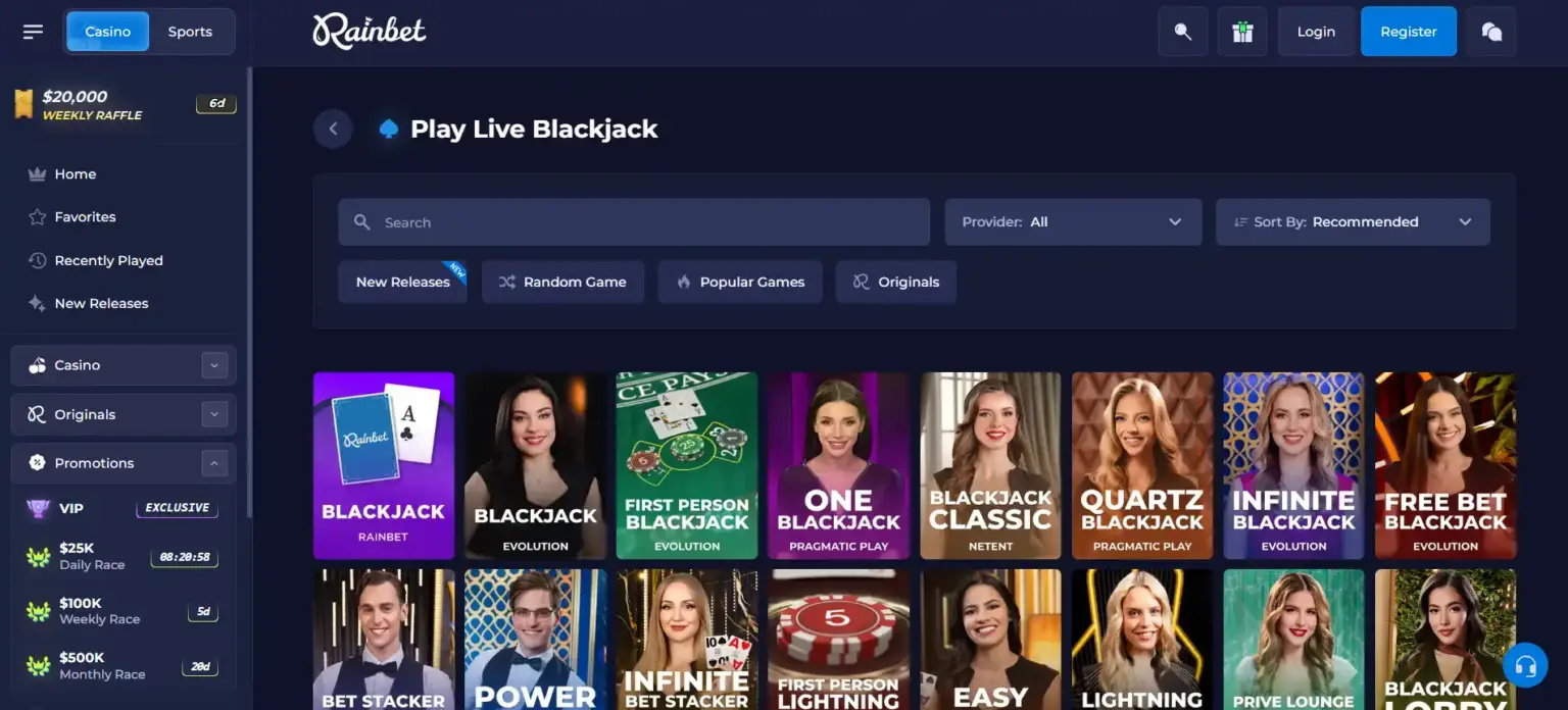 Rainbet live blackjack section