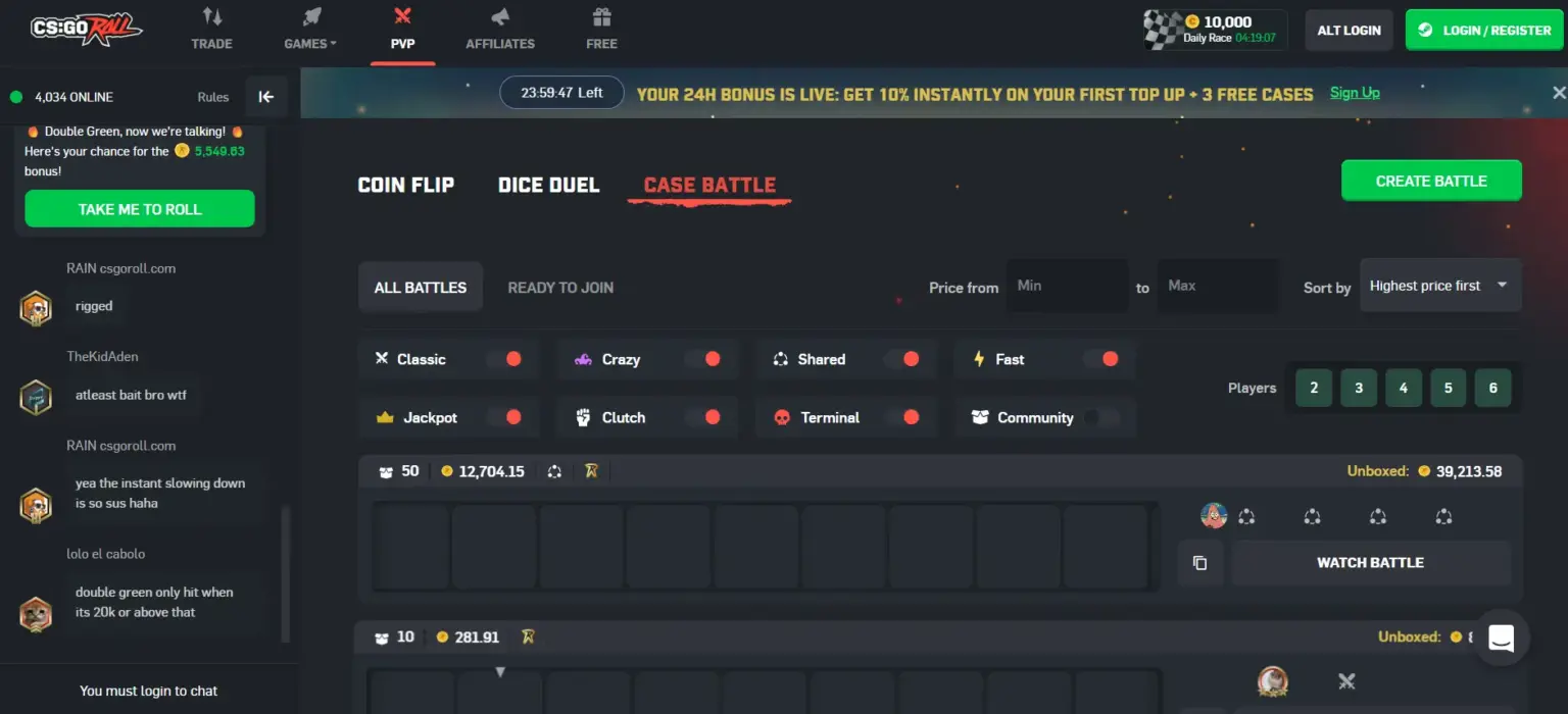 CSGOROLL coinflip, dice duel, and case battles