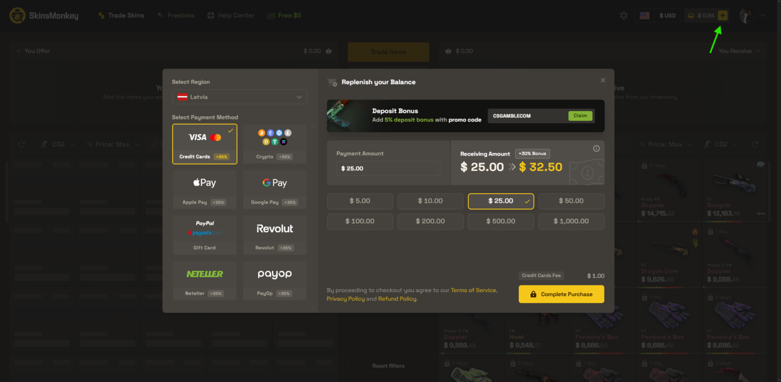 skinsmonkey deposit options