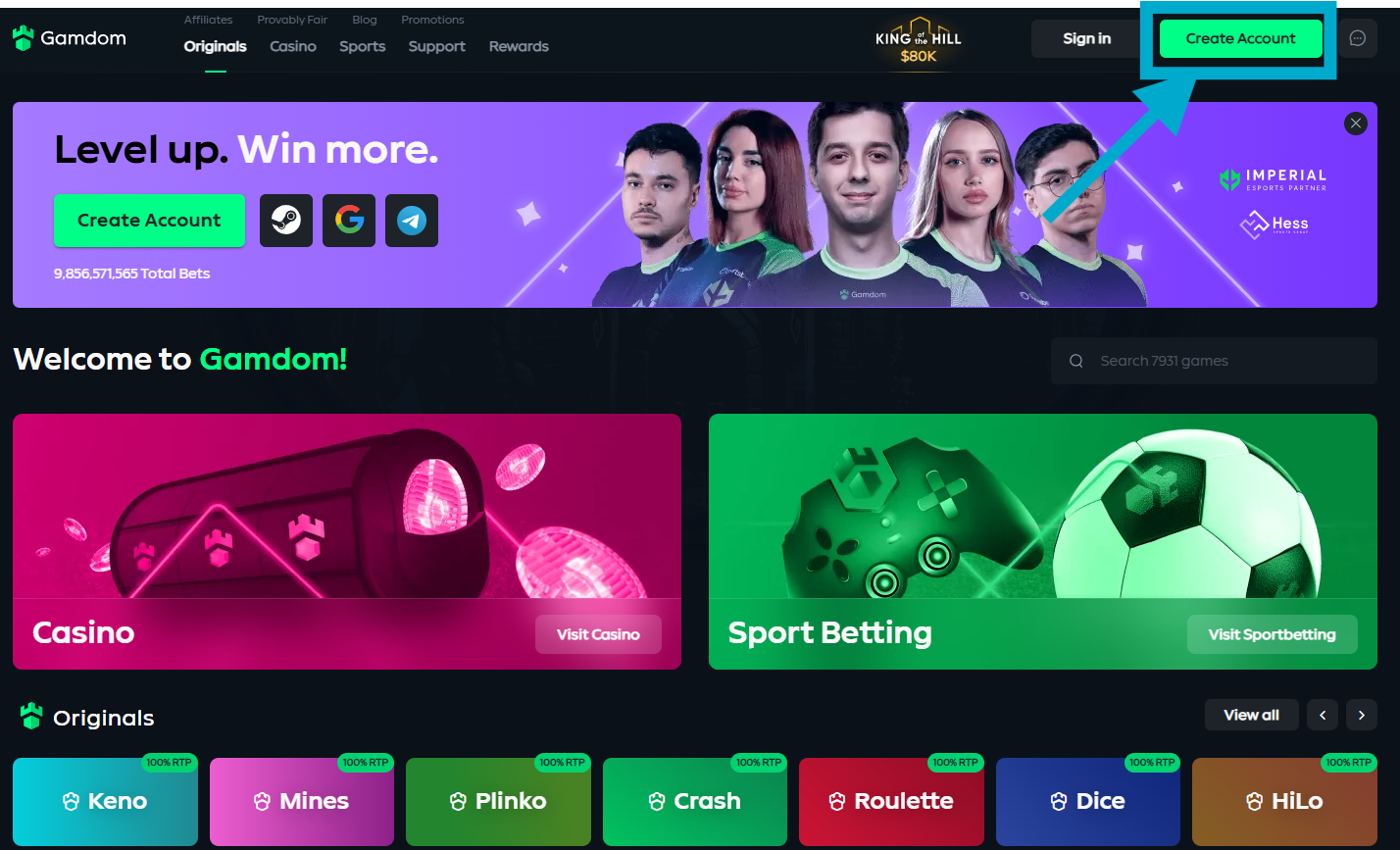 Gamdom landing page and create an account button