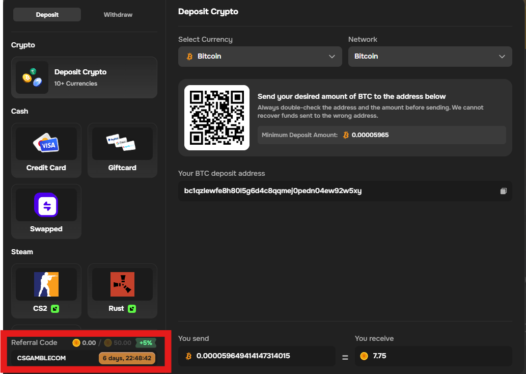 Deposit page in CSBattle.com