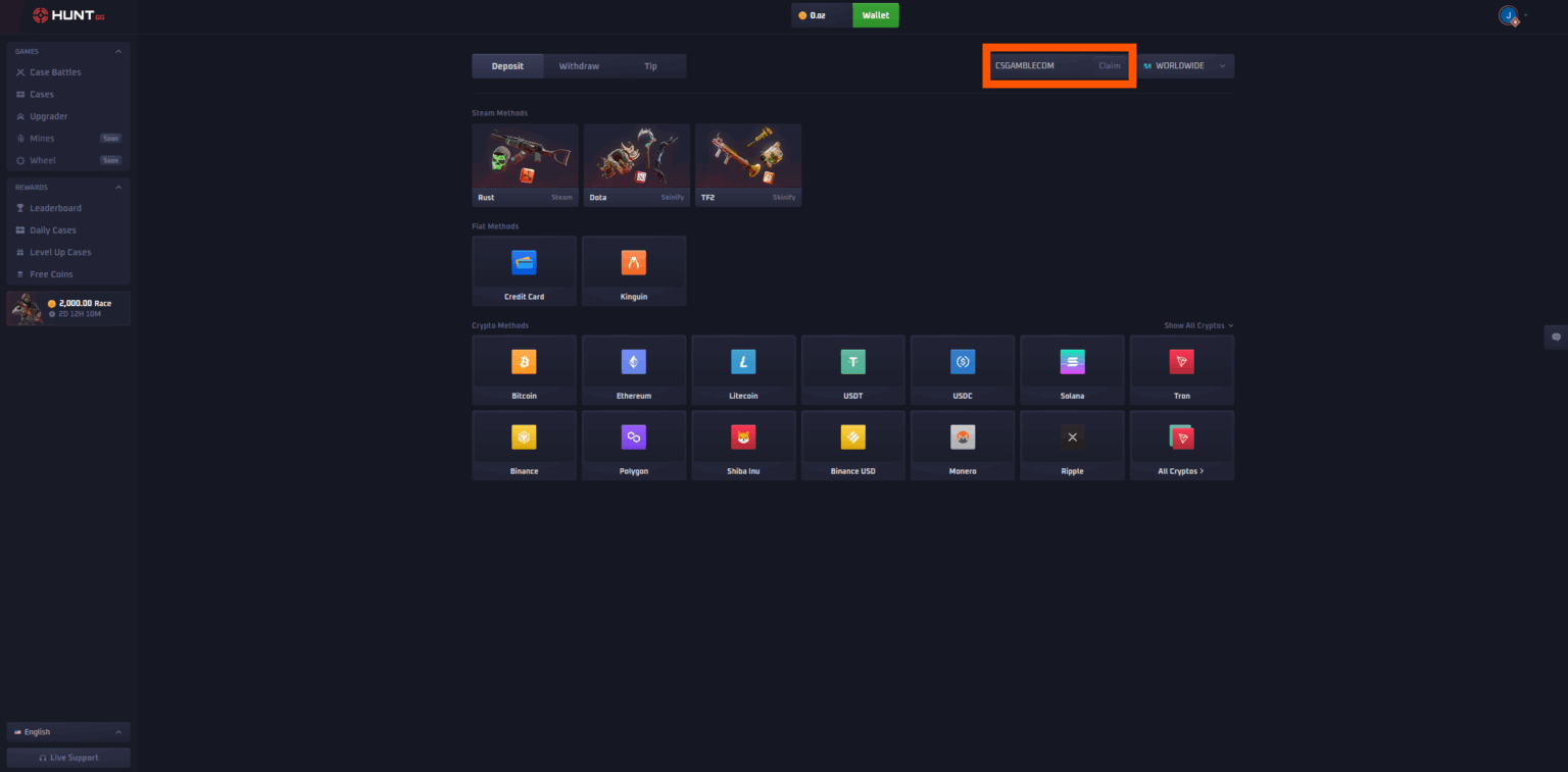 Make a deposit in HuntGG