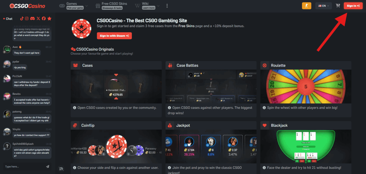 Casino.gg, Sign up or log in with your Steam account.