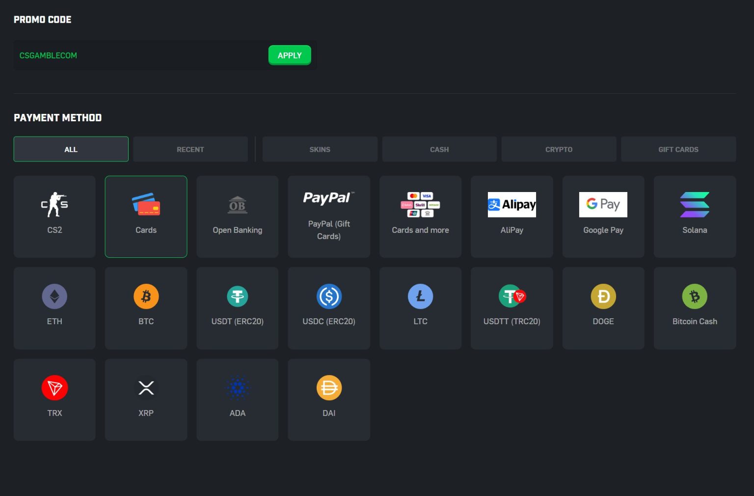 CSGORoll payment methods