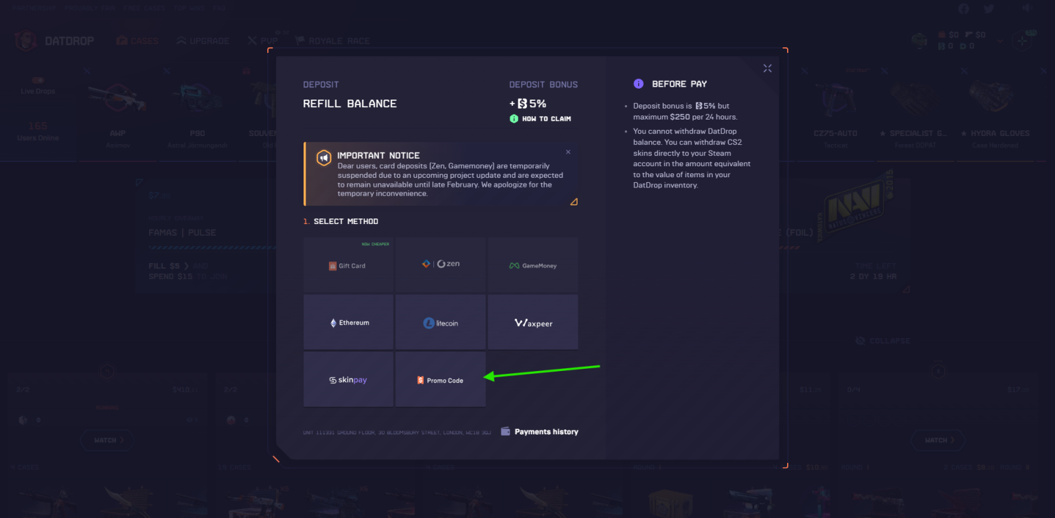 DatDrop deposit page