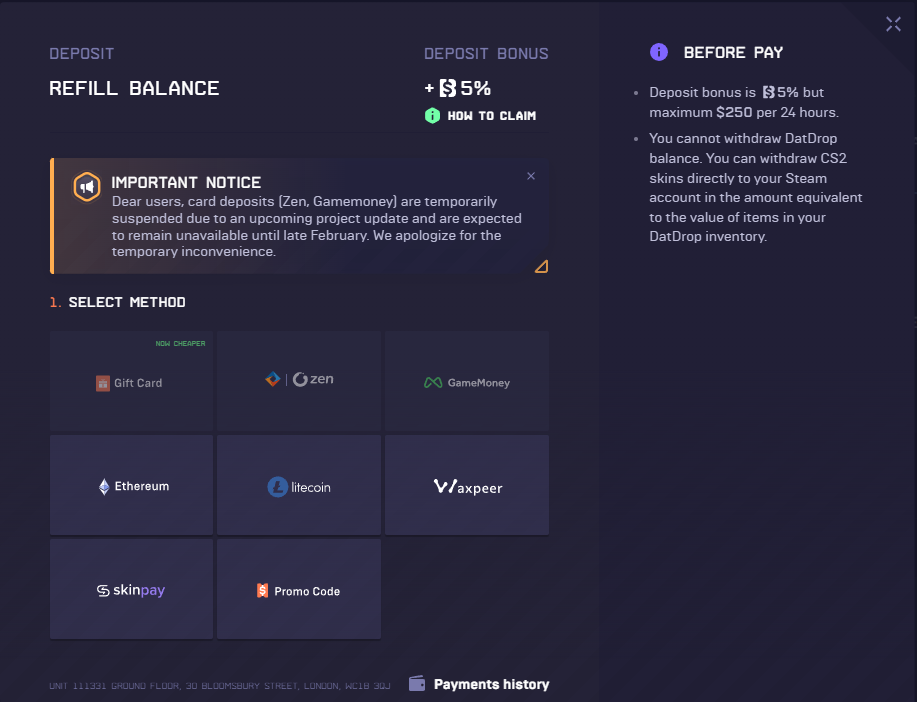 DatDrop deposit options