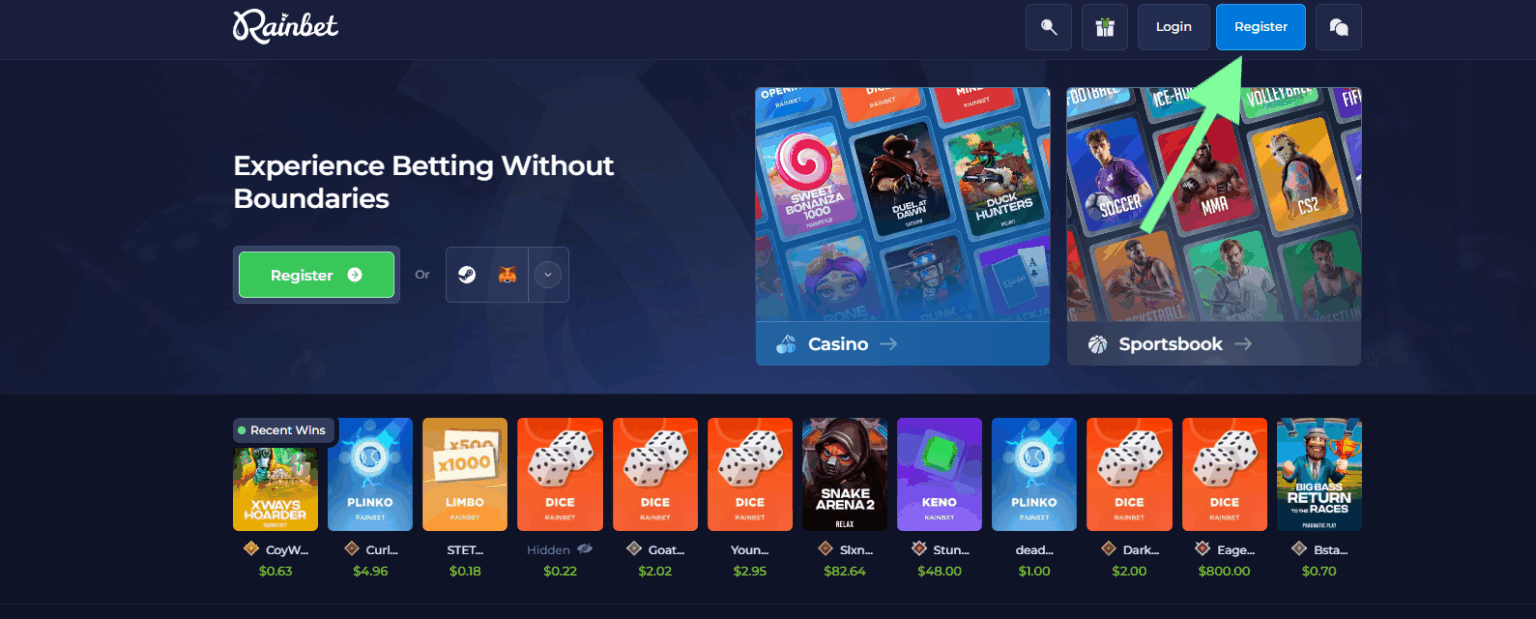 Rainbet- navigation to Registration