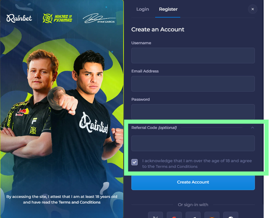 Rainbet- promo code field in registration window