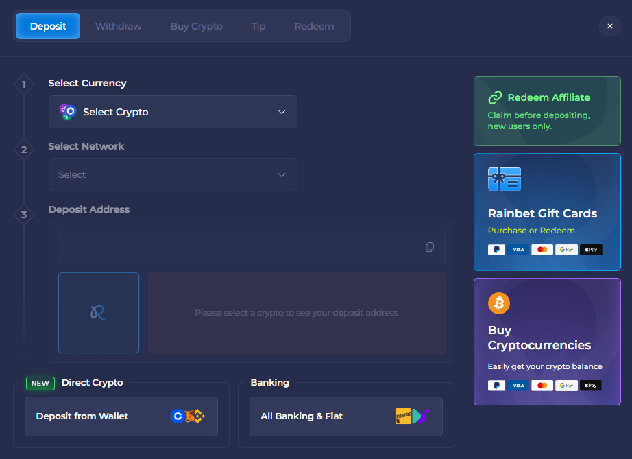 Rainbet deposit methods