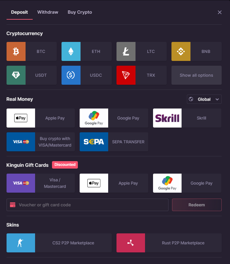 CSGO500 deposit methods page