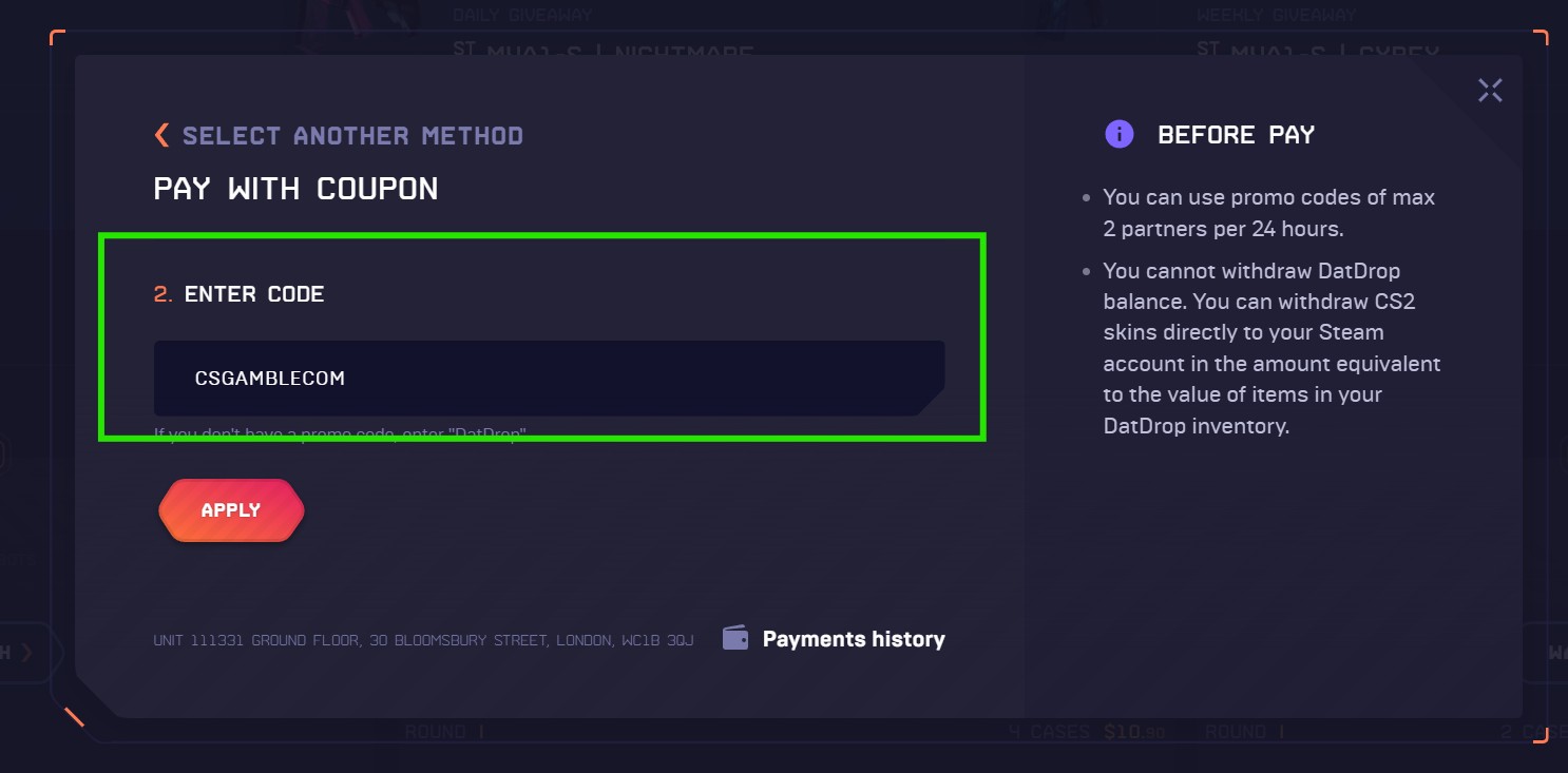 CSGAMBLECOM Datdrop promo code