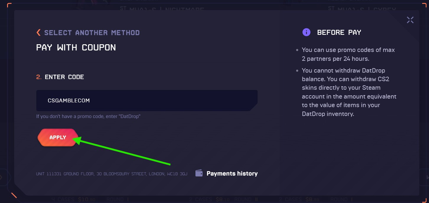 Apply datdrop promo code
