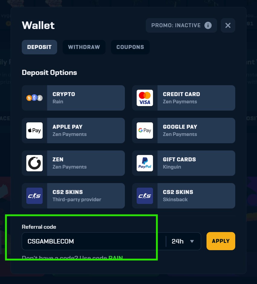 Redeem rain.gg promocode