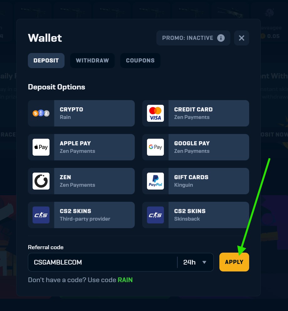 Apply rain.gg promocode