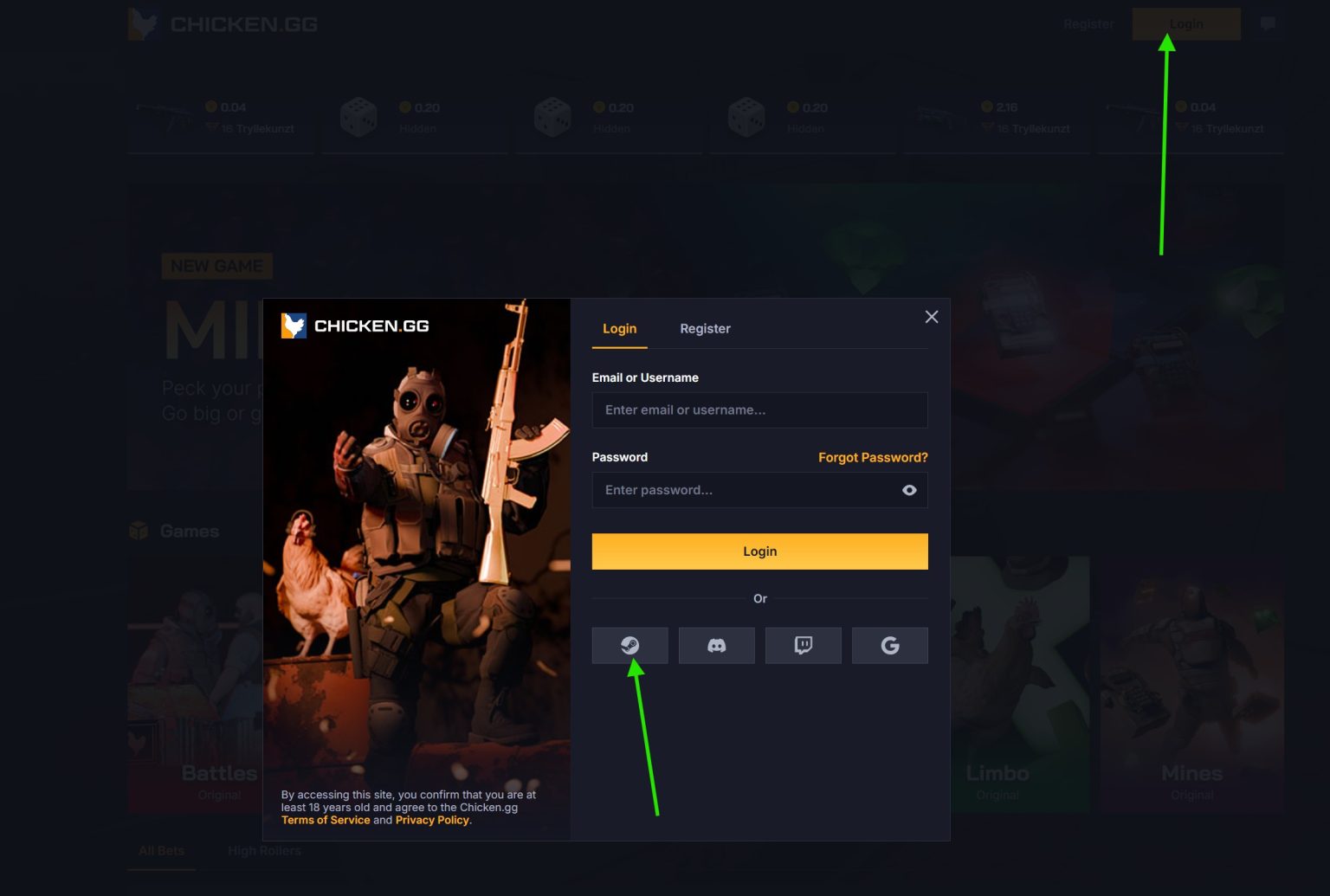 Chicken.gg login with steam